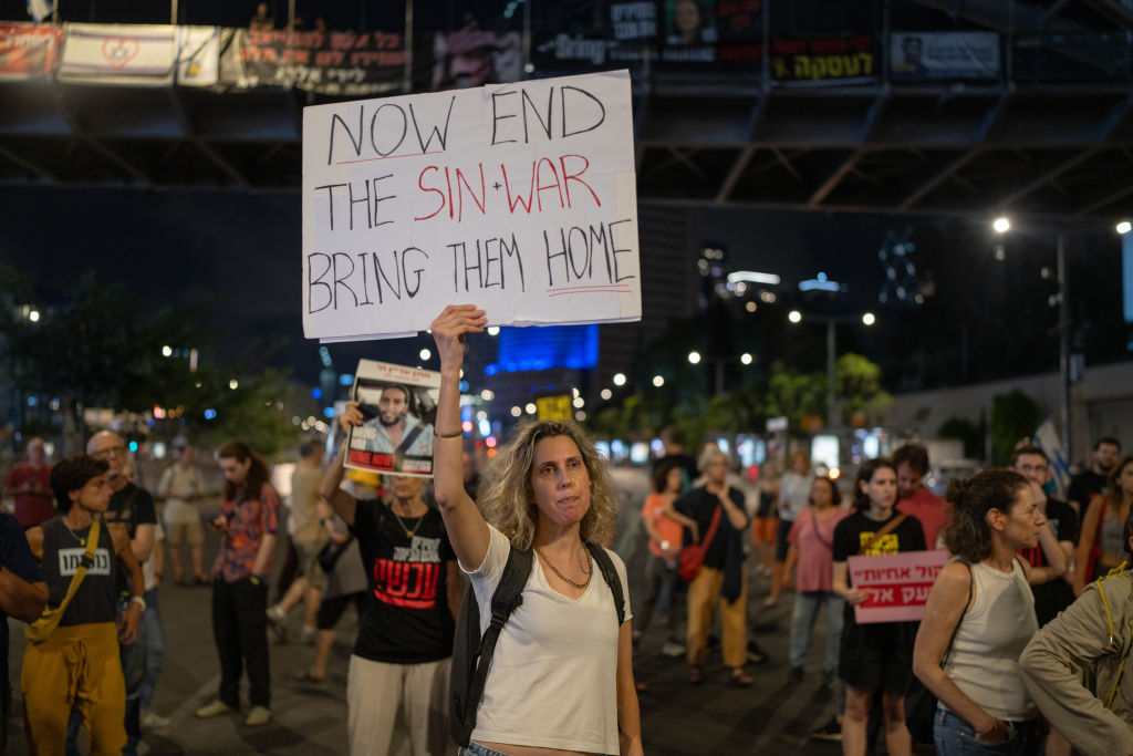 Families of the Israeli hostages taken by Hamas take part in a protest on October 17, 2024, calling for their release from Hamas captivity after Israeli officials announce the death of Yahya Sinwar. (Photo by Ilia Yefimovich via Getty Images)