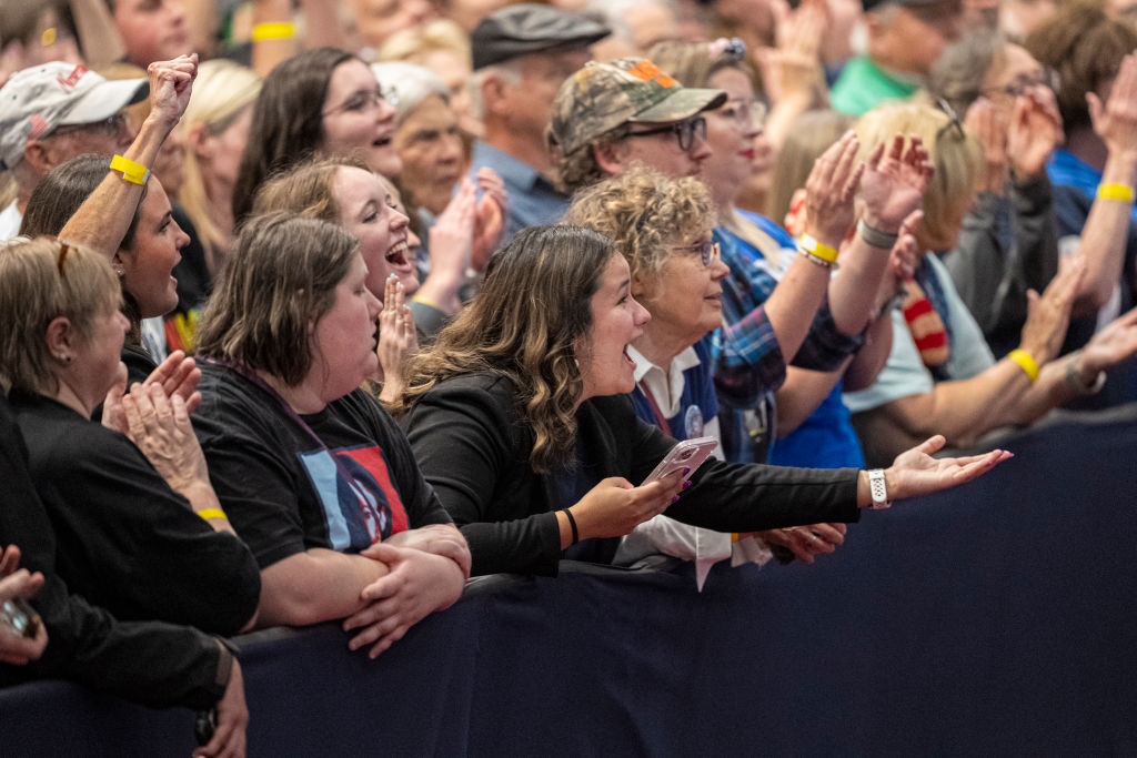 Supporters of Vice President Kamala Harris react at a campaign rally on October 17, 2024, in La Crosse, Wisconsin. (Photo by Andy Manis/Getty Images)