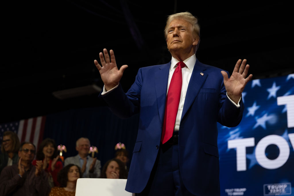 Former President Donald Trump holds a town hall at the Greater Philadelphia Expo Center on October 14, 2024, in Oaks, Pennsylvania. (Photo by Spencer Platt/Getty Images)