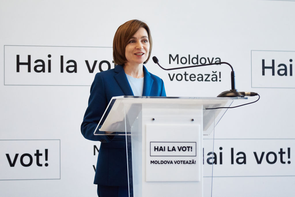 Moldovan President Maia Sandu gives a press conference on October 21, 2024 in Chisinau, Moldova. (Photo by Pierre Crom/Getty Images)