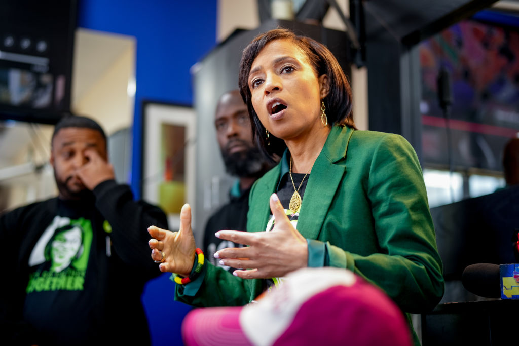 Maryland Democratic Senate candidate Angela Alsobrooks speaks at The Grooming Lounge barbershop on October 22, 2024, in Kettering, Maryland. (Photo by Andrew Harnik/Getty Images)