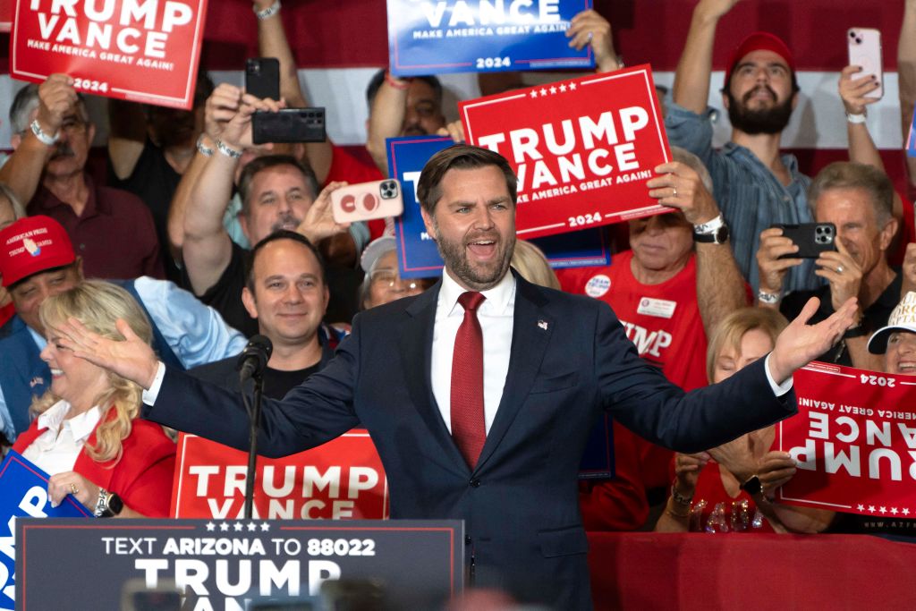 Ohio Sen. J.D. Vance speaks during a campaign rally at TYR Tactical in Peoria, Arizona, on October 22, 2024. (Photo by Rebecca Noble/AFP/Getty Images)