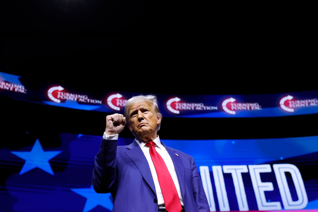 Donald Trump departs after speaking at a Turning Point Action campaign rally at the Thomas & Mack Center on October 24, 2024, in Las Vegas. (Photo by Anna Moneymaker/Getty Images)