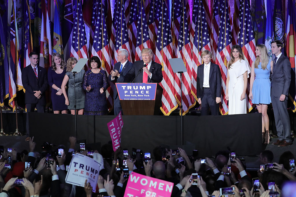 President-elect Donald J. Trump speaks on stage at his election night event at The New York Hilton Midtown on November 8, 2016 in New York City.  (Photo by Neilson Barnard/WireImage)