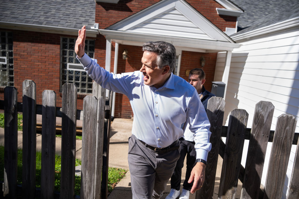 Republican Senate candidate Dave McCormick greets members of the Fraternal Order of Police County of Allegheny Lodge No. 91, after a press conference in West Homestead, Pennsylvania, on Thursday, October 10, 2024. (Tom Williams/CQ-Roll Call, Inc via Getty Images)