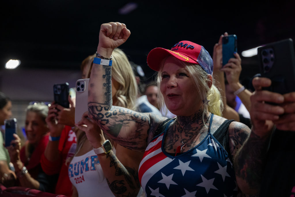 Supporters cheer as former President Donald Trump holds a town hall at the Greater Philadelphia Expo Center on October 14, 2024 in Oaks, Pennsylvania. (Photo by Spencer Platt/Getty Images)