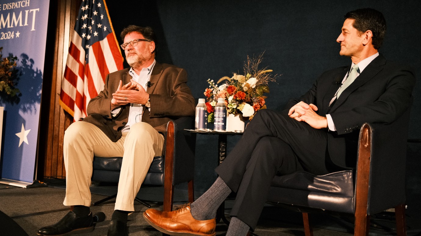 Jonah Goldberg interviews former House Speaker Paul Ryan at the Dispatch Summit. (Photo by Victoria Holmes.)