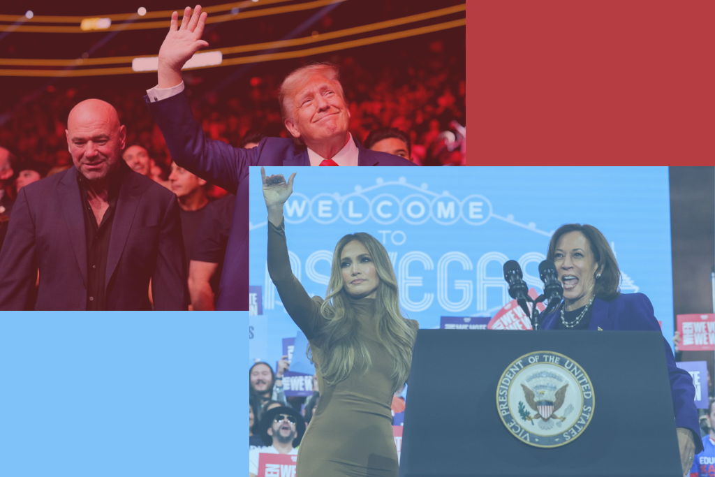 Illustration by The Dispatch. (Photo of Donald Trump and Dana White via Chris Unger/Zuffa LLC via Getty Images. Photo of Kamala Harris and Jennifer Lopez via Ethan Miller/Getty Images.)