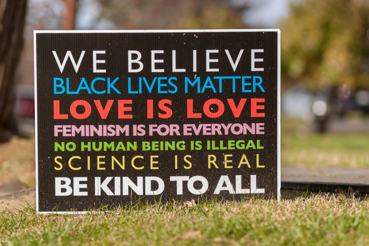 a manifesto on a yard sign with elements of progressive agenda