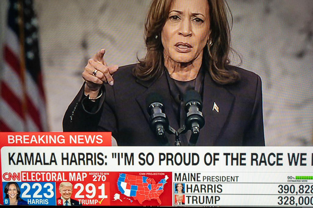 CNN broadcast of Vice President Kamala Harris conceding defeat to president-elect Donald Trump, at Howard University in Washington, D.C., on November 6, 2024. (Photo by LAURENT CARON/Hans Lucas/AFP via Getty Images)