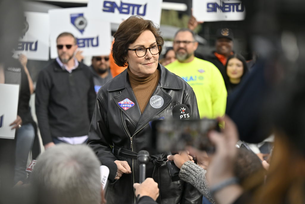 Democratic Sen. Jacky Rosen  speaks with media after casting her ballot at Allegiant Stadium on November 5, 2024, in Las Vegas.  (Photo by David Becker/Getty Images)