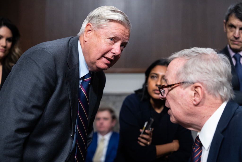 Ranking member Sen. Lindsey Graham, left, and Chairman Richard Durbin arrive for a Senate Judiciary Committee markup on Thursday, November 14, 2024. (Tom Williams/CQ-Roll Call, Inc via Getty Images)