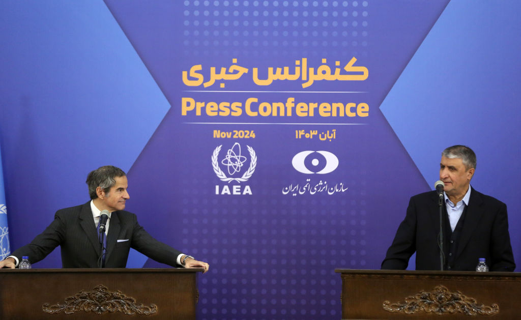 International Atomic Energy Agency Director General Rafael Grossi and Head of the Atomic Energy Organization of Iran Muhammad Islami  hold a joint press conference in Tehran  on November 14, 2024. (Photo by Fatemeh Bahrami/Anadolu via Getty Images)