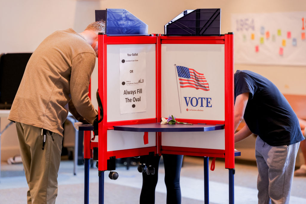 Voters cast their ballots in individual booths at a polling location in Fairfax, Virginia, on November 5, 2024. (Photo by ALI KHALIGH/Middle East Images/AFP via Getty Images)