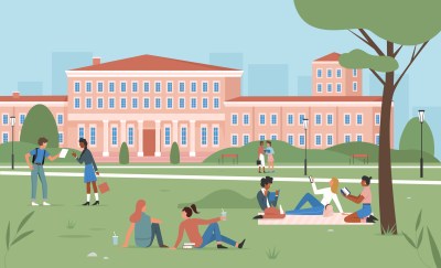 Education scene, happy students sitting on summer park green grass together, studying