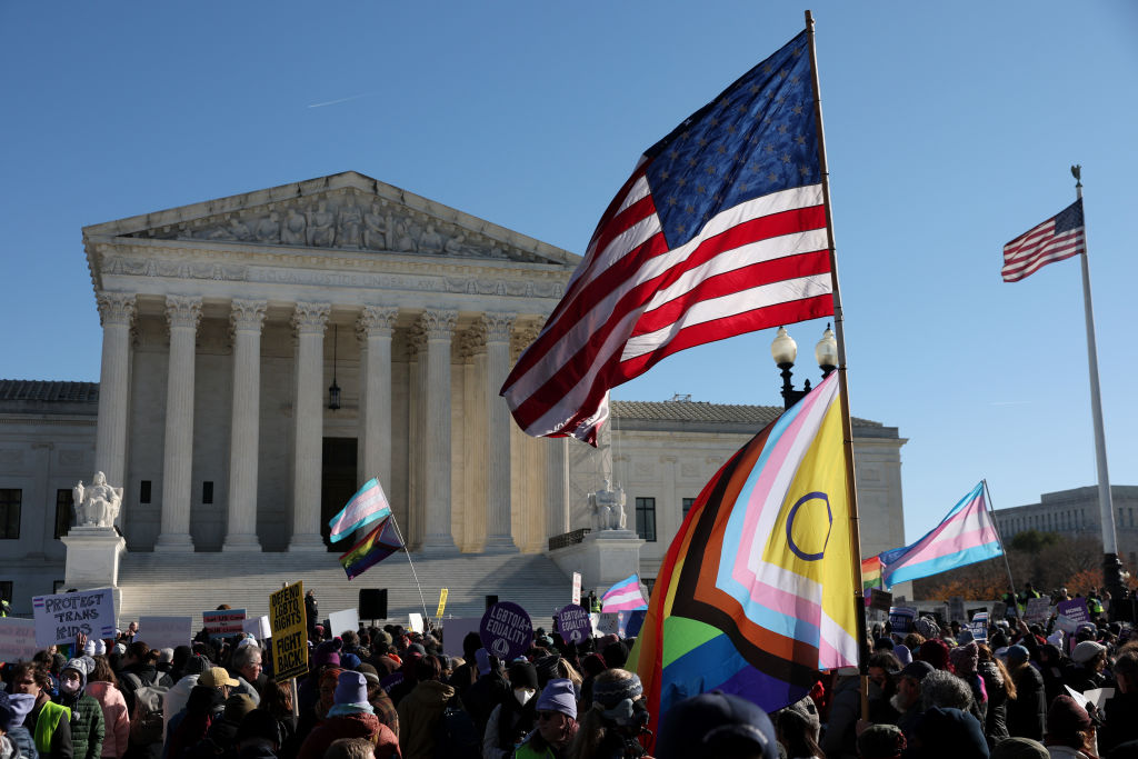 Supporters and opponents of youth gender transition treatment rally outside of the U.S. Supreme Court during oral arguments for United States v. Skrmetti on December 4, 2024, in Washington, D.C. (Photo by Kevin Dietsch/Getty Images)