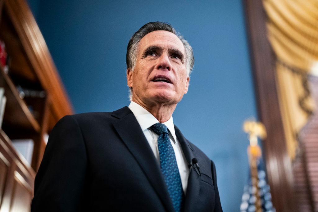 Sen. Mitt Romney speaks with reporters after announcing that he will not seek reelection when his current term expires, in is office on Capitol Hill on Wednesday, September 13, 2023, in Washington, D.C. (Photo by Jabin Botsford/The Washington Post via Getty Images)