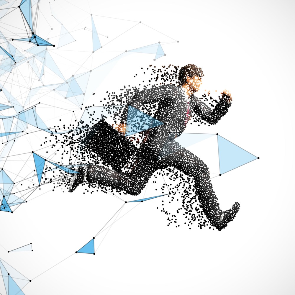 Running businessman with case made of scattered balls. Triangles and dots background