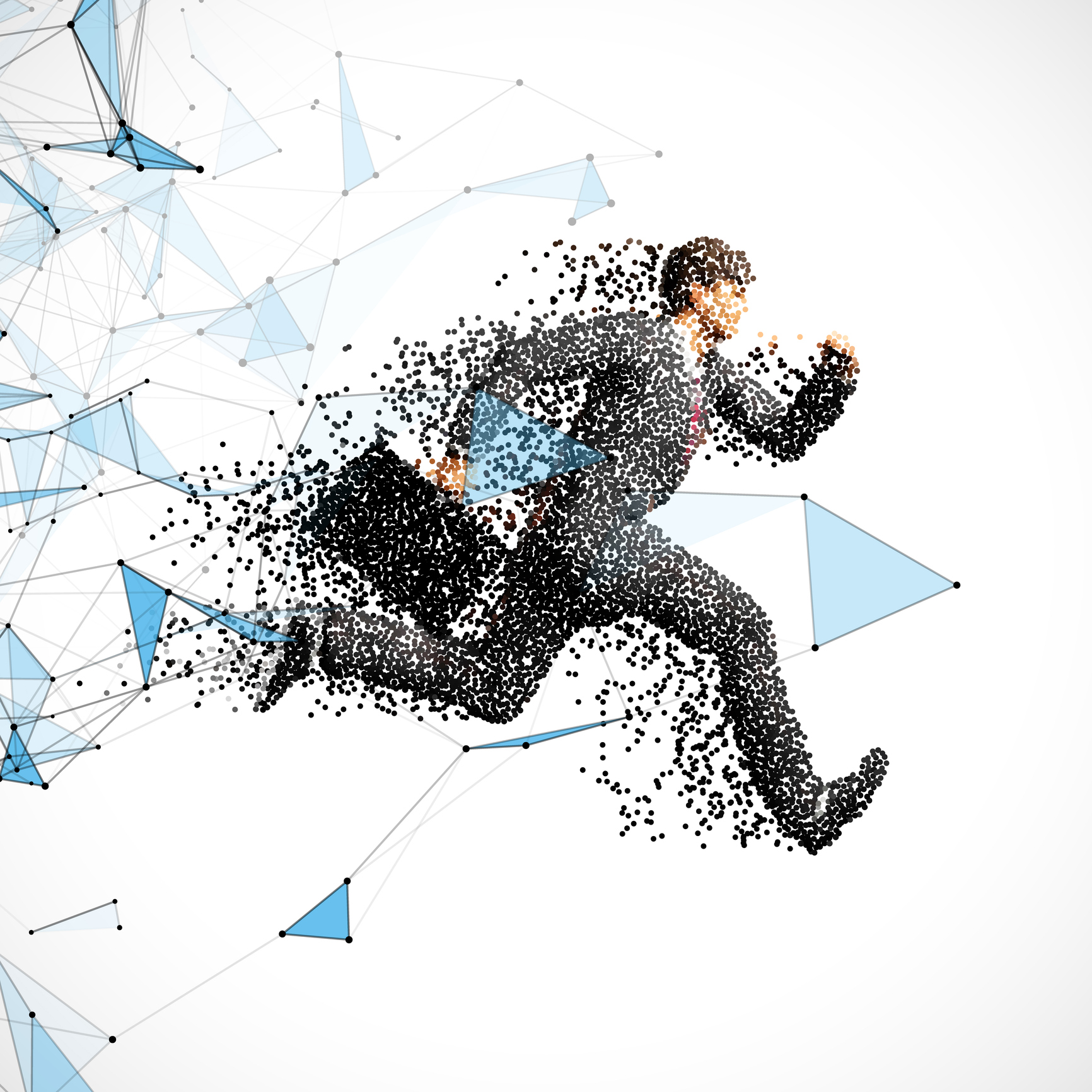 Running businessman with case made of scattered balls. Triangles and dots background