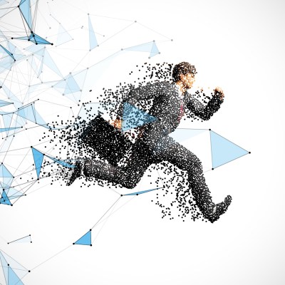 Running businessman with case made of scattered balls. Triangles and dots background
