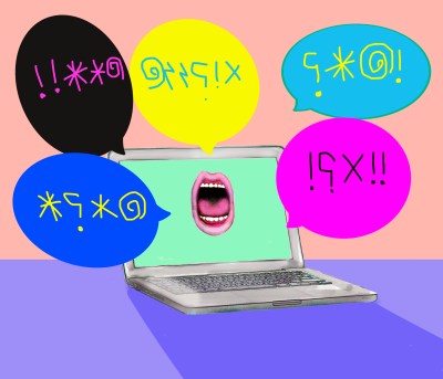 Mouth shouting profanities from laptop screen