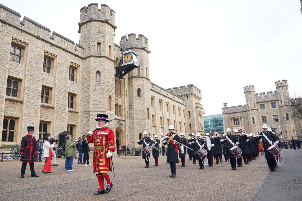 Royal Marines take part in the Ceremony of the Constable's Dues at the Tower of London on March 14, 2024. (Photo by Jonathan Brady/PA Images via Getty Images)