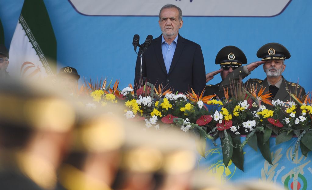 Iranian President Masoud Pezeshkian attends a military parade in Tehran, capital of Iran, Sept. 21, 2024. (Photo by Shadati/Xinhua via Getty Images)