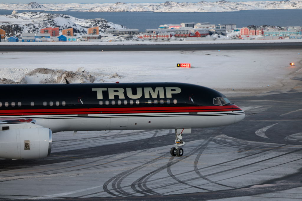 Trump aircraft arrives in Nuuk, Greenland on January 7, 2025. Earlier this week, president-elect Donald Trump suggested the U.S. should annex the autonomous Danish territory. (Photo by EMIL STACH/Ritzau Scanpix/AFP via Getty Images)