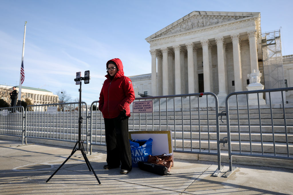 TikTok educational influencer, Tiffany Cianci, livestreams outside the U.S. Supreme Court Building as the court hears oral arguments on whether to overturn or delay a law that could lead to a ban of TikTok in the U.S., on January 10, 2025. (Photo by Kayla Bartkowski/Getty Images)