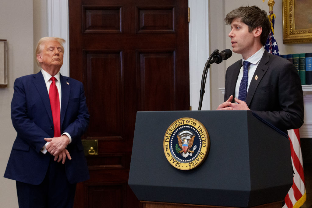 OpenAI CEO Sam Altman, accompanied by President Donald Trump, speaks during a news conference in the White House on January 21, 2025. (Photo by Andrew Harnik/Getty Images)