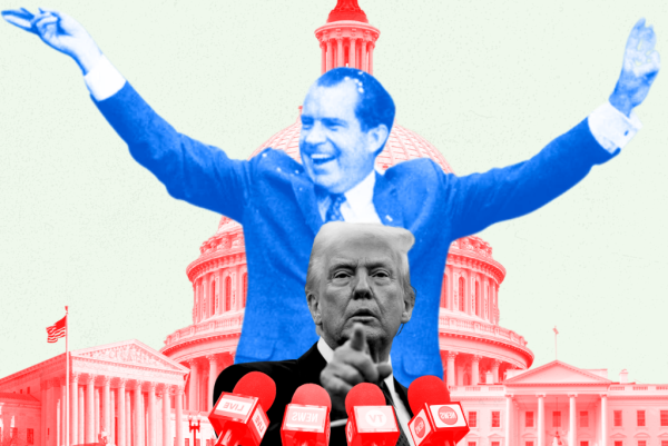 Illustration by Noah Hickey/The Dispatch. (Photograph of Richard Nixon by Wally McNamee/Corbis/Getty Images. Photograph of Donald Trump by Celal Gunes /Anadolu/Getty Images)