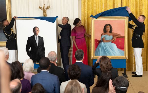 Barack And Michelle Obama Return To White House For Official Portrait Unveiling