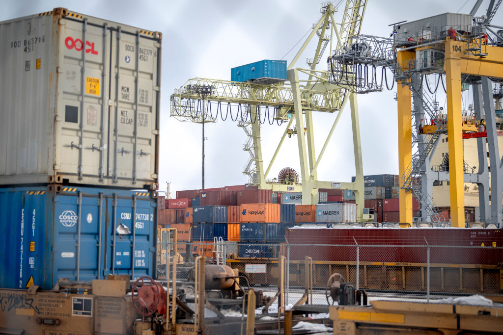 Shipping containers are seen at the Port of Montreal in Montreal, Canada, on February 2, 2025. (Photo by ANDREJ IVANOV/AFP via Getty Images)