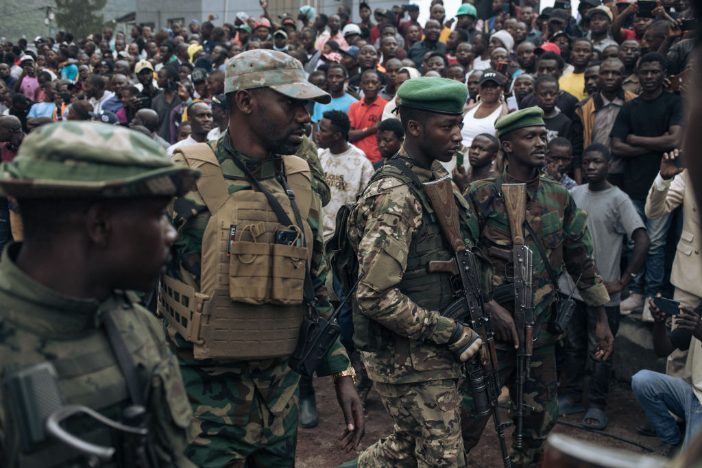 M23 soldiers are seen in Goma on February 6, 2025 for a public gathering called by the armed group. (Photo by ALEXIS HUGUET/AFP via Getty Images)