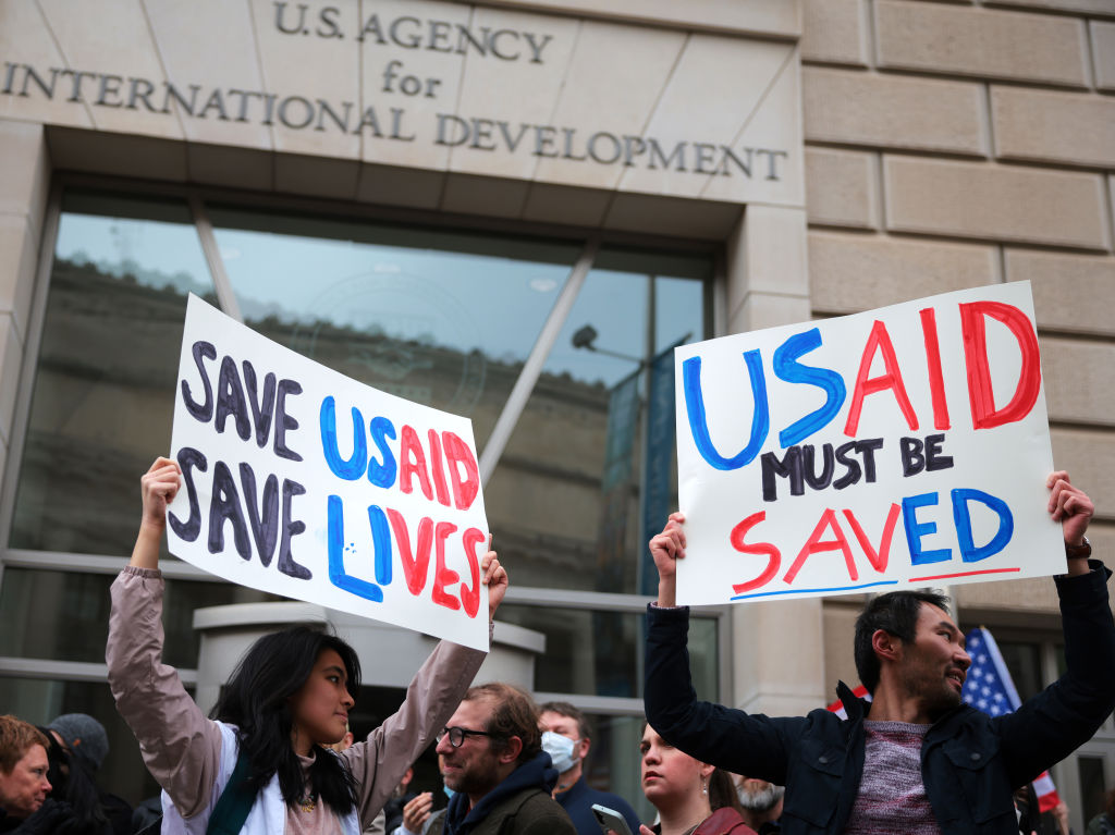 Protesters gather outside of USAID headquarters on February 03, 2025 in Washington, D.C. (Photo by Kayla Bartkowski/Getty Images)