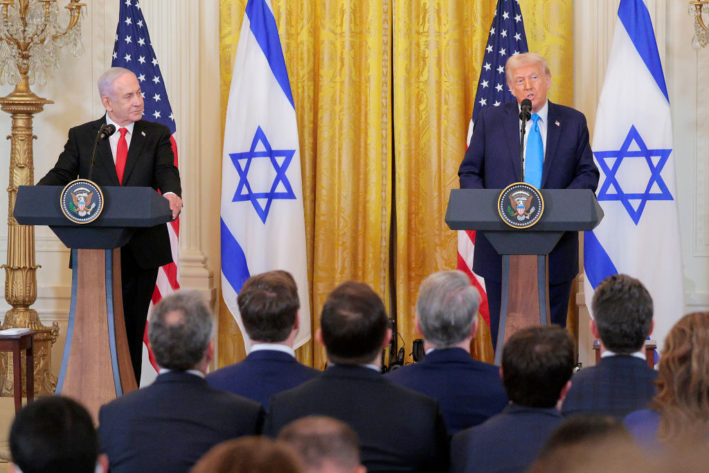 Israeli Prime Minister Benjamin Netanyahu and President Donald Trump speak during a joint press conference at the White House on February 04, 2025. (Photo by Chip Somodevilla/Getty Images)