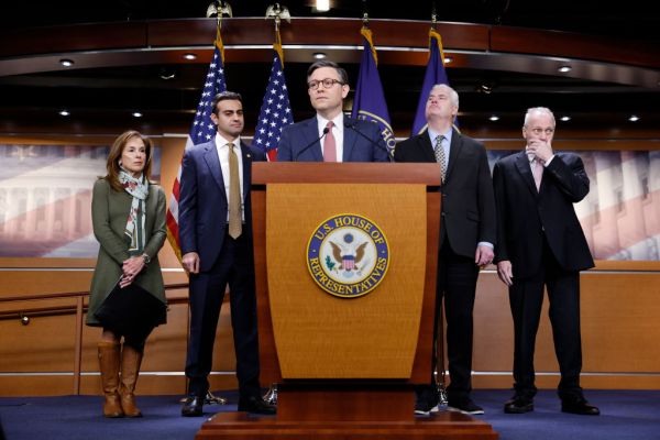 House Speaker Mike Johnson speaks during a news conference at the U.S. Capitol on February 11, 2025, following the House Republican Conference meeting. (Photo by Anna Moneymaker/Getty Images)