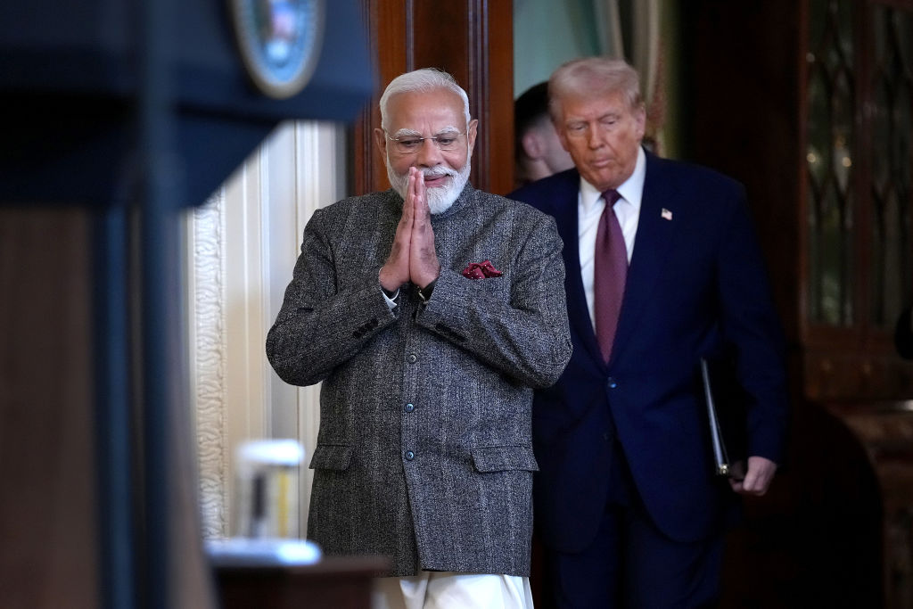 U.S. President Donald Trump and Indian Prime Minister Narendra Modi arrive for a joint press conference at the White House on February 13, 2025. (Photo by Andrew Harnik/Getty Images)