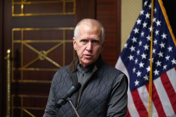 Sen. Thom Tillis of North Carolina speaks during a press conference on February 17, 2025, in Kyiv, Ukraine, part of his visit to the war-torn country with Sens. Michael Bennet of Colorado and Jeanne Shaheen of New Hampshire. (Photo by Vitalii Nosach/Global Images Ukraine via Getty Images)