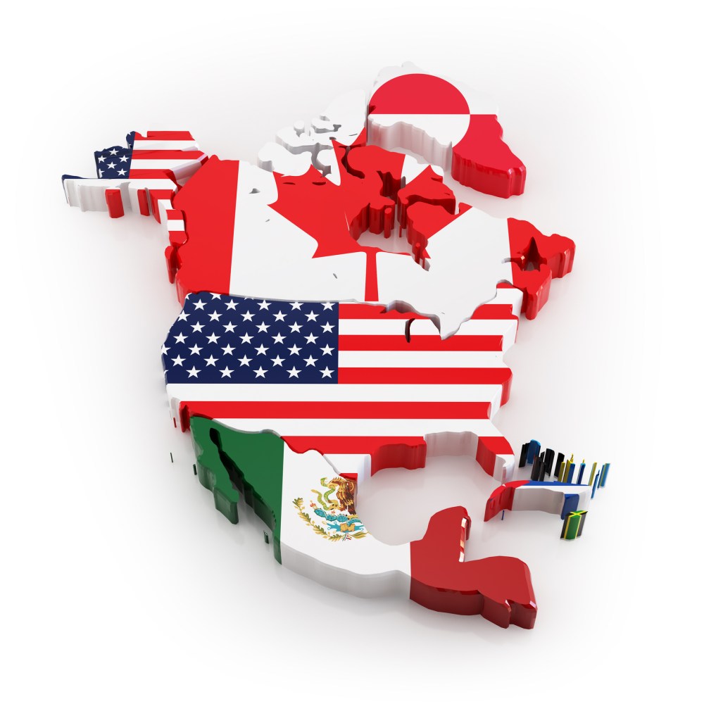 North America map with flags