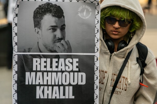 A demonstrator demands the release of Mahmoud Khalil in New York City on March 10, 2025. (Photo by David Dee Delgado/Getty Images)