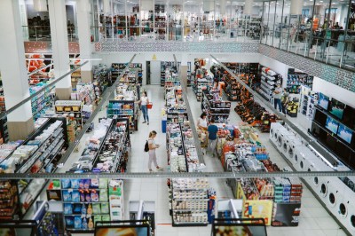 Overhead image of people buying in the large supermarket