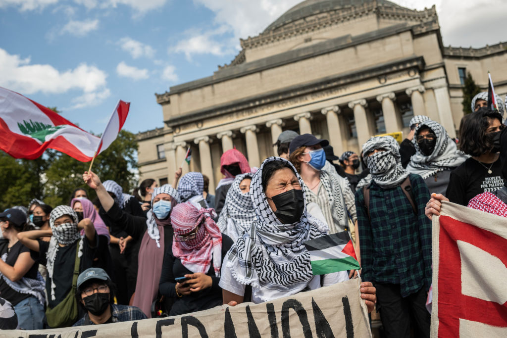 Students protest against the war in Gaza on the anniversary of the Hamas' attack on Israel at Columbia University on Monday, October 7, 2024. (Victor J. Blue for The Washington Post via Getty Images)