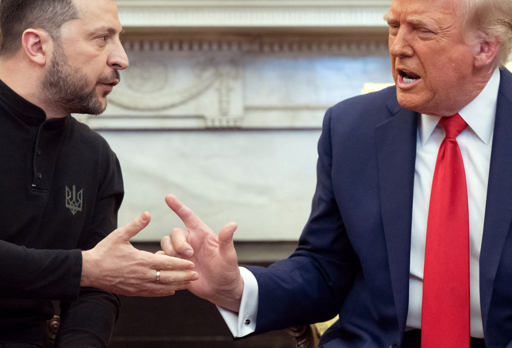 President Donald Trump and Ukrainian President Volodymyr Zelensky meet in the Oval Office of the White House in Washington, D.C., on February 28, 2025. (Photo by SAUL LOEB/AFP via Getty Images)