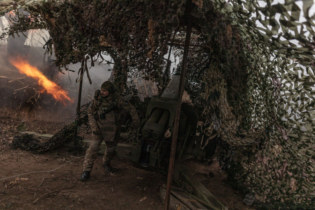 Ukrainian soldiers fire the D-30 artillery as the Russia-Ukraine war continues in the direction of Toretsk, Ukraine, on March 6, 2025. (Photo by Diego Herrera Carcedo/Anadolu via Getty Images)