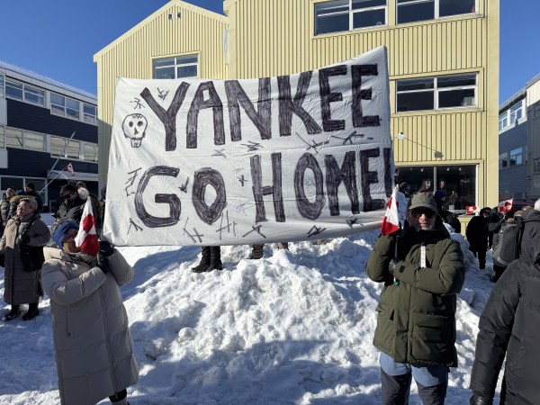 Around 1,000 Greenlanders gathered in the city center and marched to the U..S consulate building located on the outskirts of the city to protest President Donald Trump's recent remarks on the sovereignty of their country, in Nuuk, Greenland, on March 15, 2025. (Photo by Ahmet Gurhan Kartal /Anadolu/Getty Images)