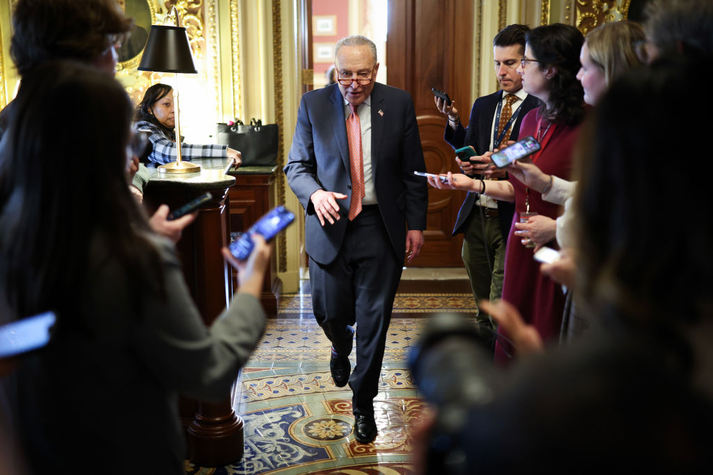 Senate Minority Leader Chuck Schumer leaves the Democratic caucus lunch at the U.S. Capitol on March 13, 2025. (Photo by Kayla Bartkowski/Getty Images)