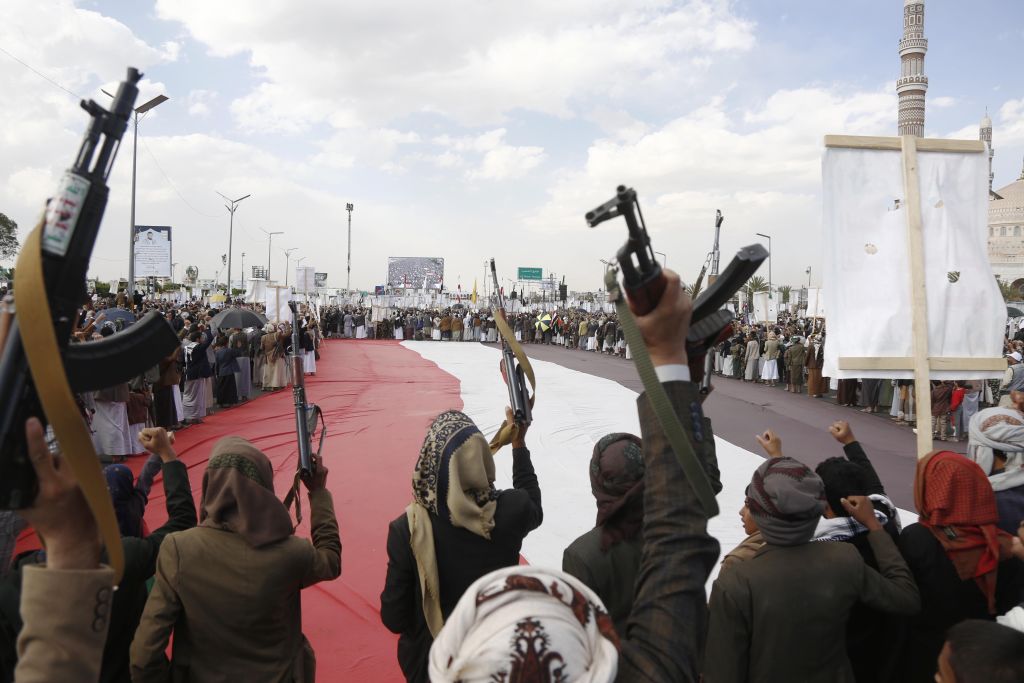 Thousands of Houthi supporters gather in Al-Sabeen Square in the Yemeni capital Sana'a to protest against the attacks on the country, on March 17, 2025. (Photo by Mohammed Hamoud/Anadolu via Getty Images)