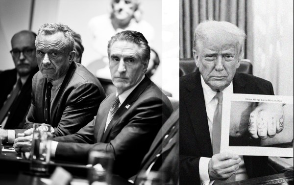 At left, HHS Secretary Robert F. Kennedy Jr. and Interior Secretary Doug Burgum. At right, President Donald Trump holds up a photo of the hand of Kilmar Albrego Garcia. (Illustration by Noah Hickey/Photos via Getty Images and the White House)