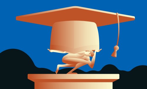 Statue of Atlas holding giant gaduate cap illustration